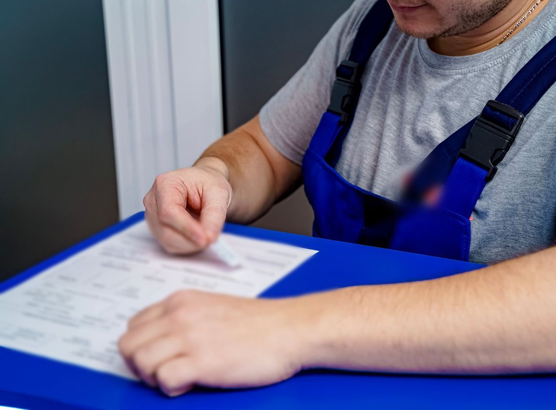 Profissional de macacão azul confere uma ficha de papel apoiada numa prancheta azul